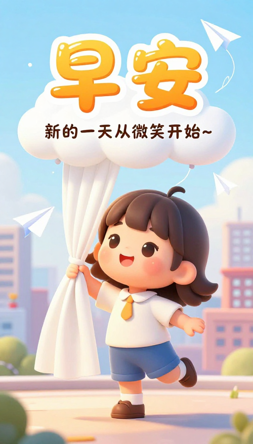 卡通手绘Q版早安海报：小女孩踮脚迎接朝阳
