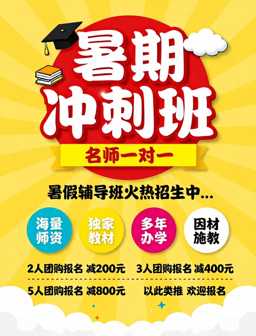 暑期冲刺班招生海报：名师一对一助力高效学习