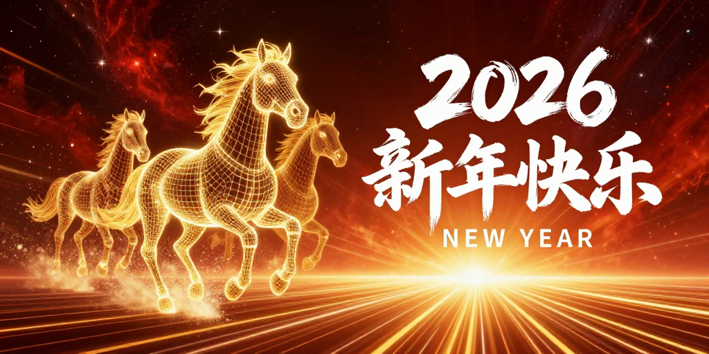 未来科技感新年祝福:2026光效骏马奔腾
