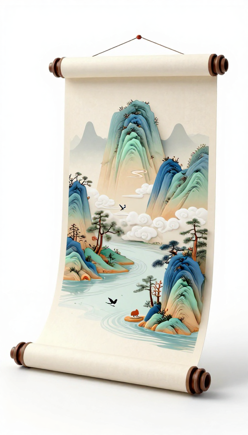 3D中国山水卷轴：禅意超现实美景