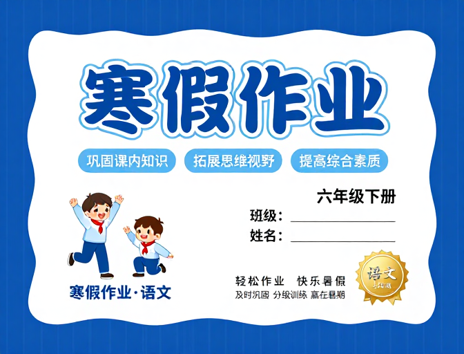 深蓝波浪边框的童趣寒假作业封面设计