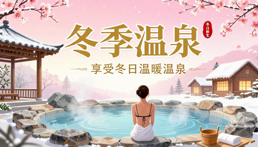 梦幻冬日温泉：治愈系温暖疗愈插画海报