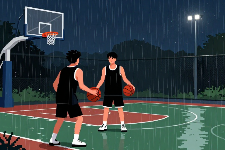 雨夜篮球少年像素插画：孤寂持球瞬间