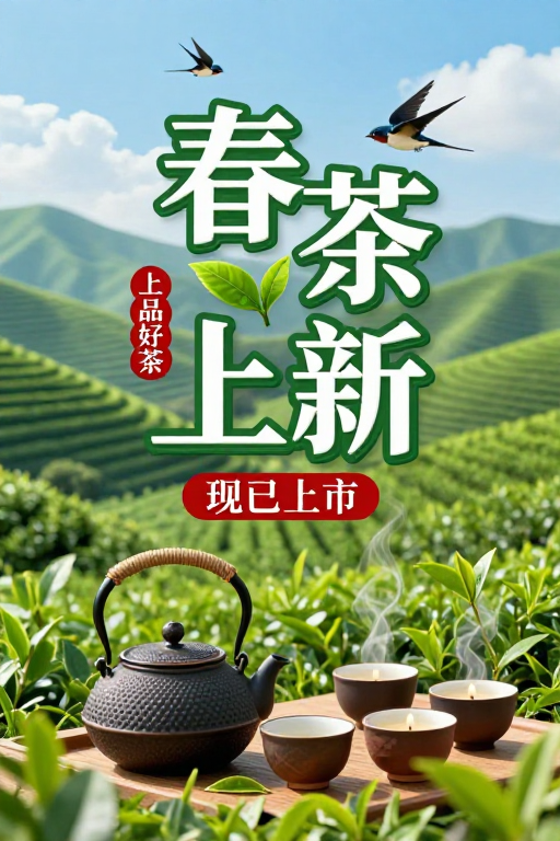清新春茶上新海报:翠绿茶园与精致茶具的生机融合