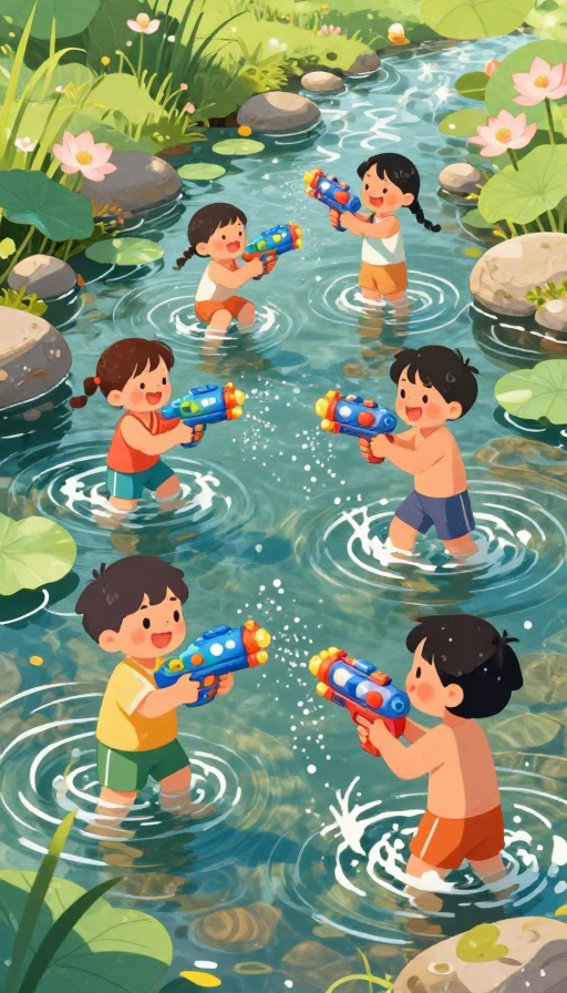 夏日童趣:孩童戏水欢乐时光插画