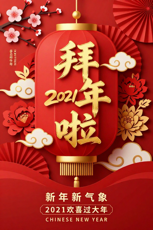 2021辛丑牛年新春海报:红金灯笼贺岁