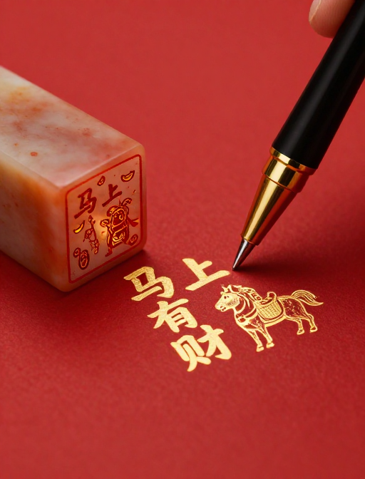 鎏金‘马上有财’极简红底 财神萌马高级感