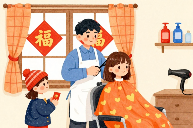 暖色调水彩理发师剪发温馨场景插画