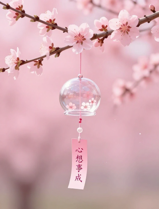 粉色桃花风铃插画，心愿卡片带来清新唯美意境