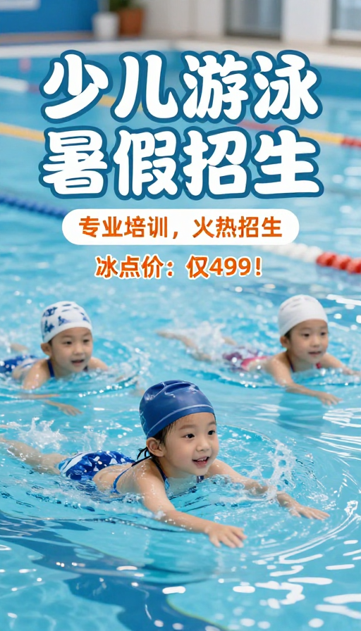 清凉夏日琉璃字少儿游泳班招生海报