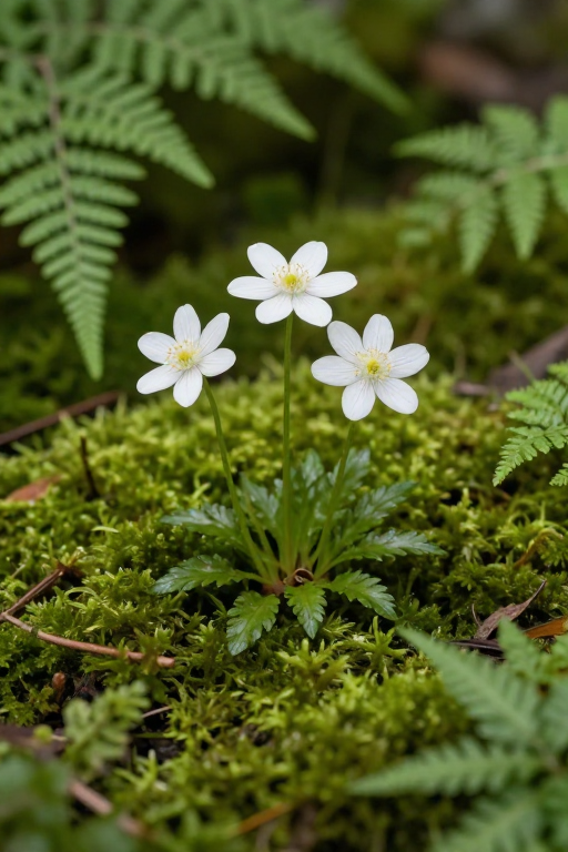 苔藓林间白花绽放,治愈自然光影之美