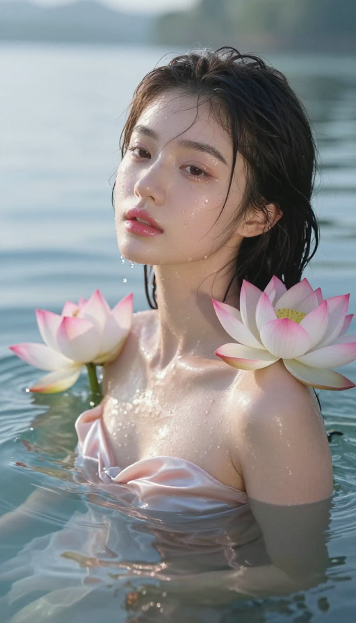 晨光湖影:年轻女性的清澈之美