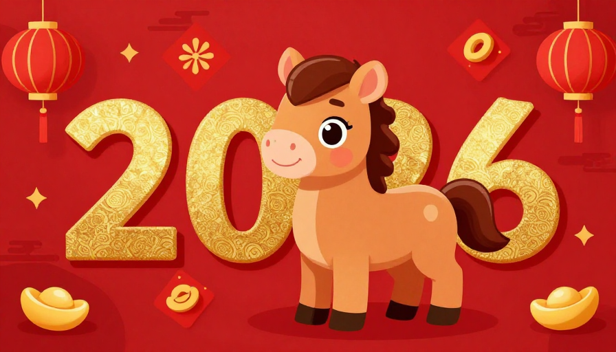 可爱马年插画：喜庆红色背景2026新年祝福