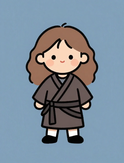 稚拙线条绘赫敏武士服,暖色调绘本风插图