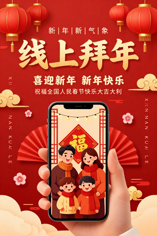 金红中国风线上拜年新年海报