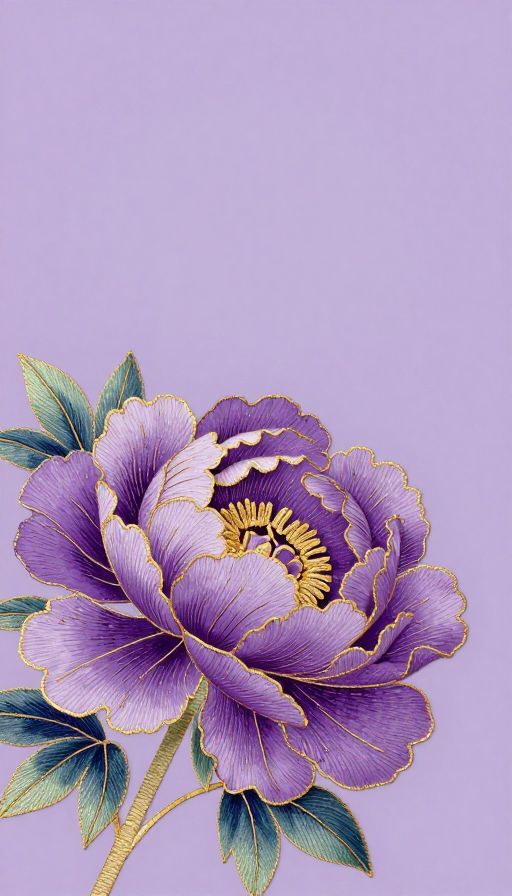 紫气东来:金丝绣线的紫色牡丹插画