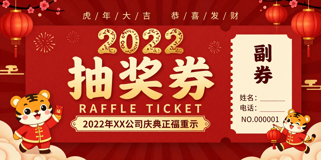 2022虎年红金中国风抽奖券设计