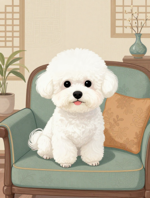 国风水墨比熊犬居家温馨插画