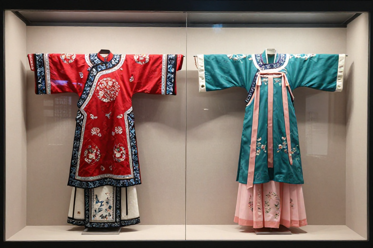 传统中式服饰博物馆摄影:双套绣花长袍细节展示
