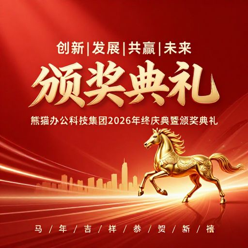 熊猫办公2026年终庆典海报：红色金骏祥贺新禧