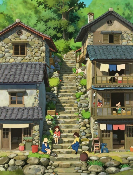 宫崎吉卜力风乡村石屋日常全景插画