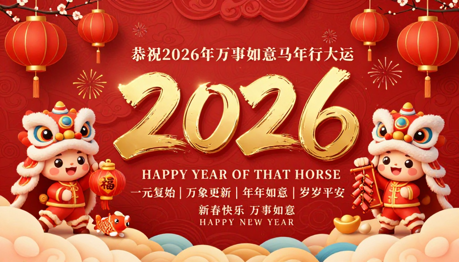 立体金色书法'2026'与舞狮贺岁:中国风新年海报