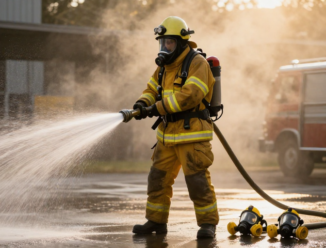 暖光映照下消防员喷射高压水流的应急救援实景照