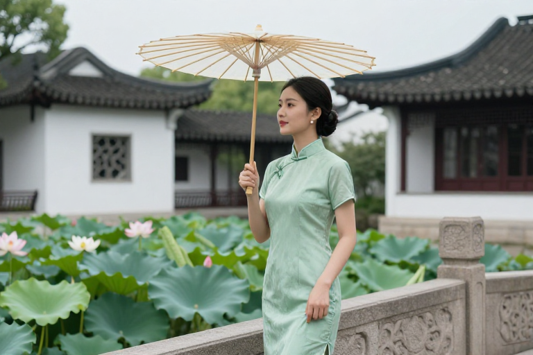 江南桥畔旗袍佳人侧影