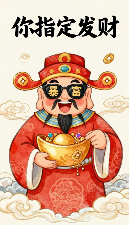 水彩财神爷插画：墨镜遮‘暴’富，祥云聚宝盆招财