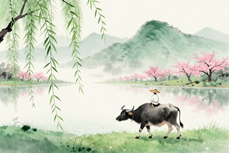 青绿牧归图:传统水墨意境的诗意画卷