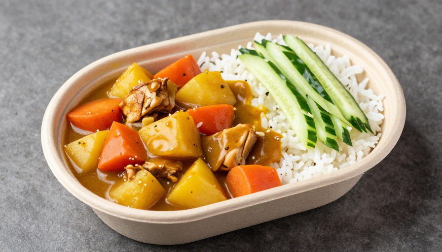 美味咖喱鸡肉饭盛装椭圆盒，黄瓜丝点缀