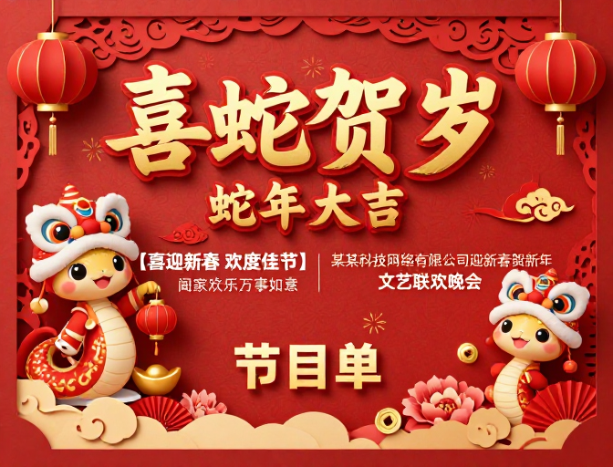 喜庆中国风新年主题海报：喜蛇贺岁 阖家欢乐