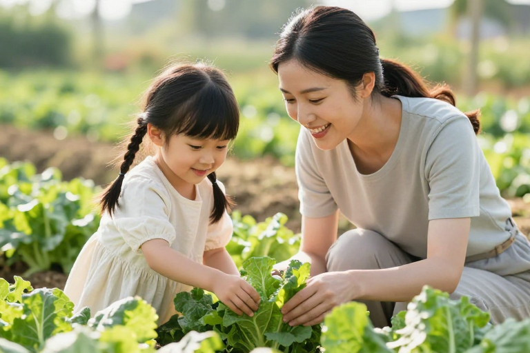 温馨家庭菜园采摘瞬间：自然柔光下的亲子温情