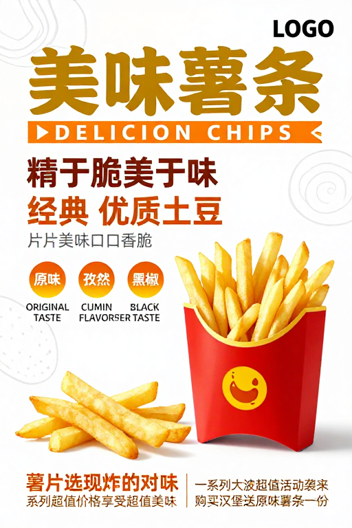 现代暖橙风薯条美食宣传海报设计