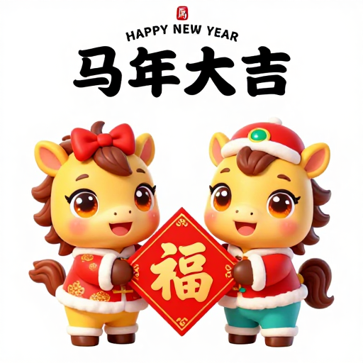 马年喜庆卡通新春：双童托福迎祥瑞