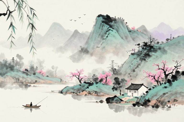 水墨山水：青紫雾霭中的静谧东方意境