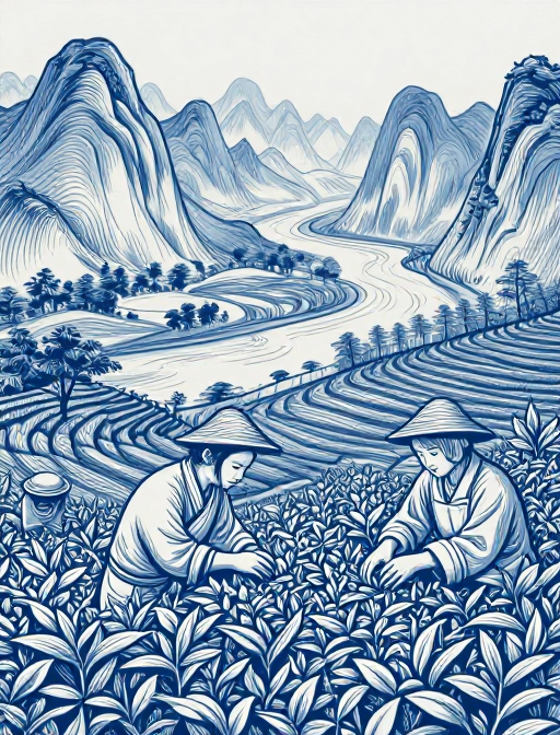 靛蓝线描·茶山采茶复古插画