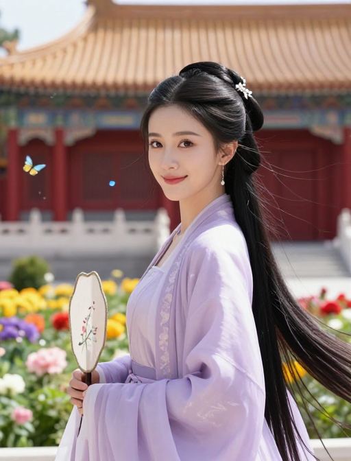 紫衣古装美人:宫苑花影中的温婉画卷