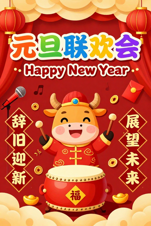 手绘风元旦联欢会海报，喜庆热闹迎新年