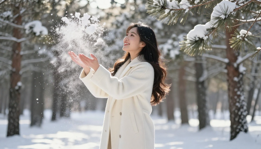 冬日雪林:米白大衣下的温暖微笑与光影交织
