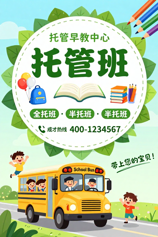 托管早教中心招生海报:清新童趣开启快乐童年