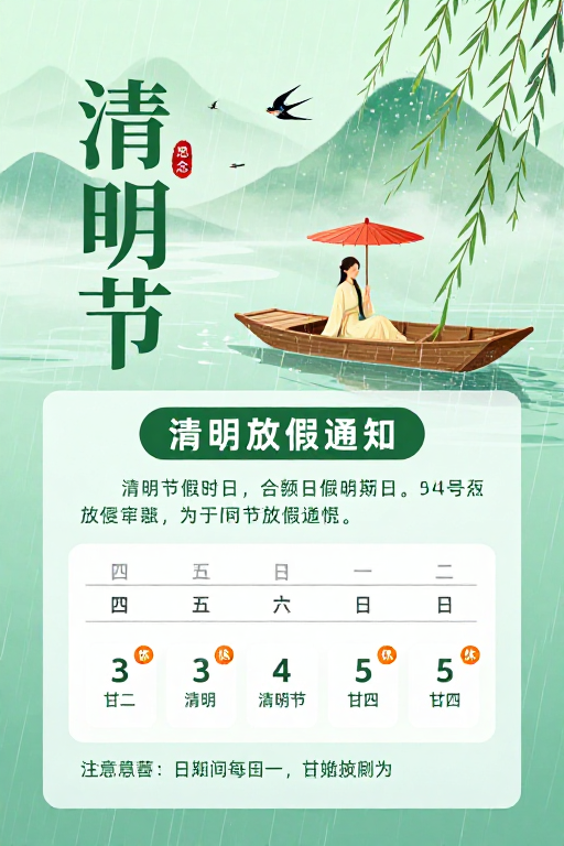 诗意清明：莫兰迪绿调国风插画海报