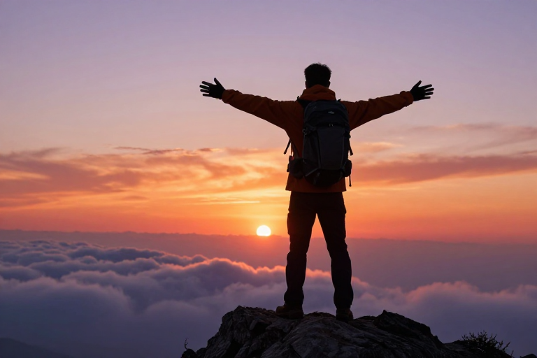 登山者拥抱夕阳，云海之巅的壮丽瞬间