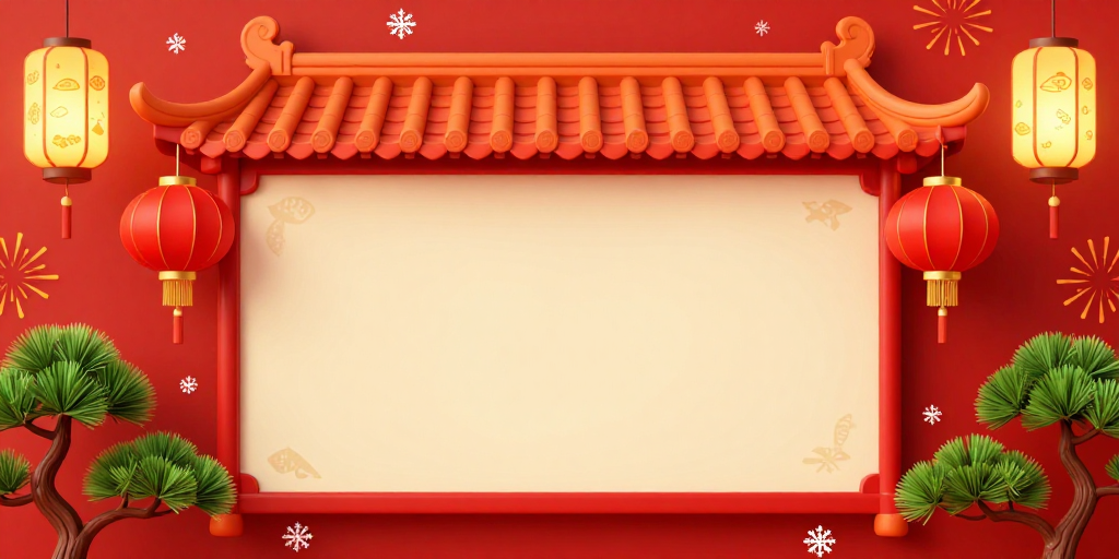 喜庆中国风春节背景图：屋檐灯笼点缀红色节庆场景