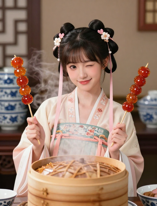 古韵小厨娘萌态立绘：糖葫芦与青花瓷的梦幻邂逅