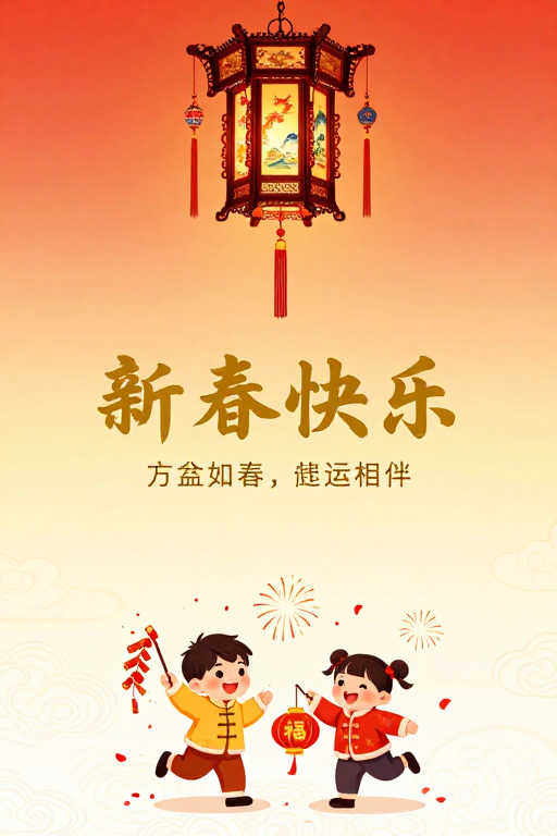 新春喜庆：传统宫灯与童趣儿童贺岁插画