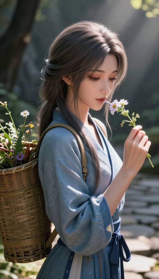 幽林秘境：光影交织的古风草药少女
