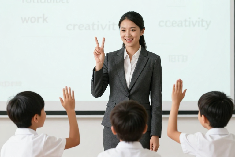 教师微笑比V手势激励学生互动课堂瞬间