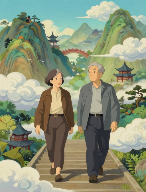 云绕古阶·吉卜力风中国老人插画