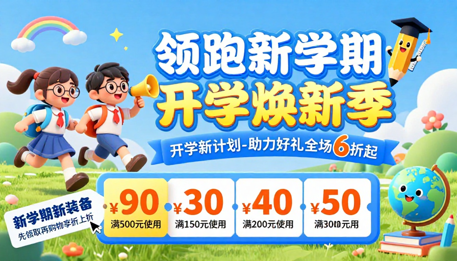 3D卡通风开学季促销海报：领跑新学期，焕新有礼